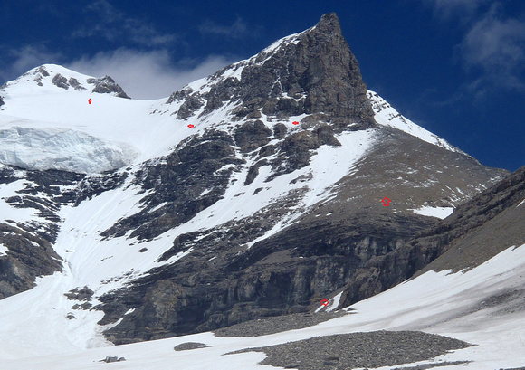 Route overview- ramp to scree slope to traverse to glacier and final gulley to summit