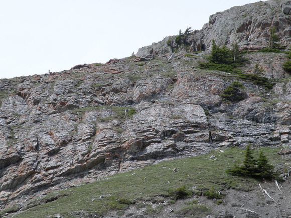 Easy scramble to green ledge in middle and then moderate downclimb on grey rock to right below tree