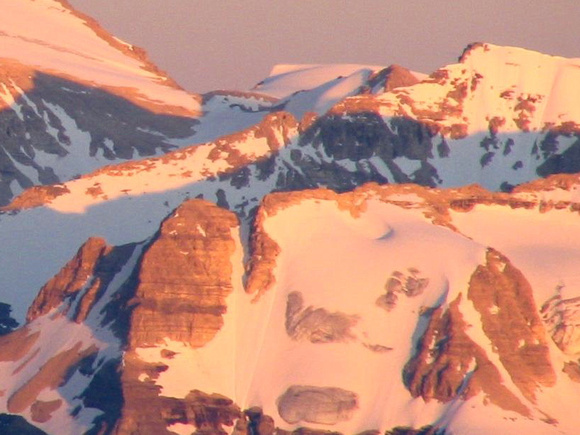 Enlarged view of east ridge. From left/east end- shows col, tower, snow gully, bump, notch and high point of ridge.