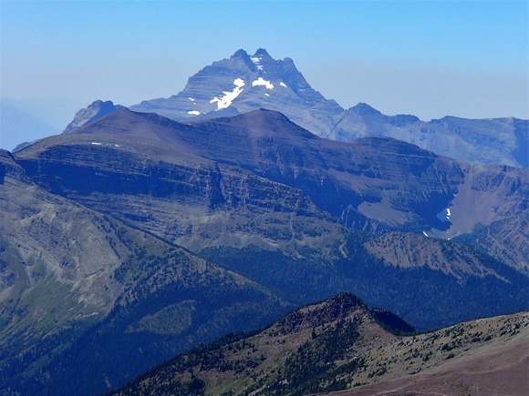 Longknife peak in GNP  with Akamina ridge and Forum in front. and downclimb on Carthew ridge at bott