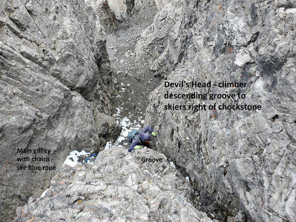 DH climber descending groove beside crux -see blue rope in gulley to left 2022 Marked