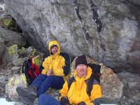 James and Bob behind big rock at the Corner