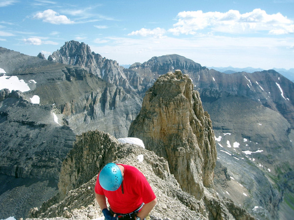 Kevin - top of couloir. Tower behind - Gary and I climbed in 2006 from col. Great bivy on top.