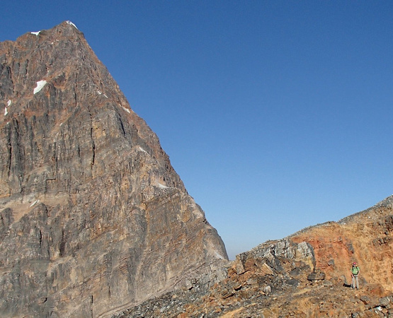 The ridge has two steeper steps. The lower angle sections have the small snow drifts/patches on the right side.