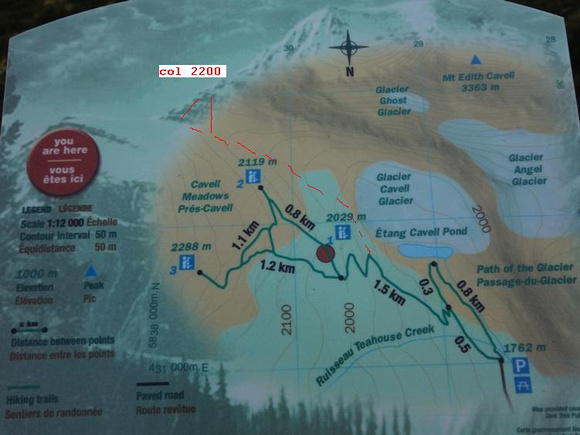 Cavell trail map- climber trail comes off first switch - in between trees and moraine - see next pics